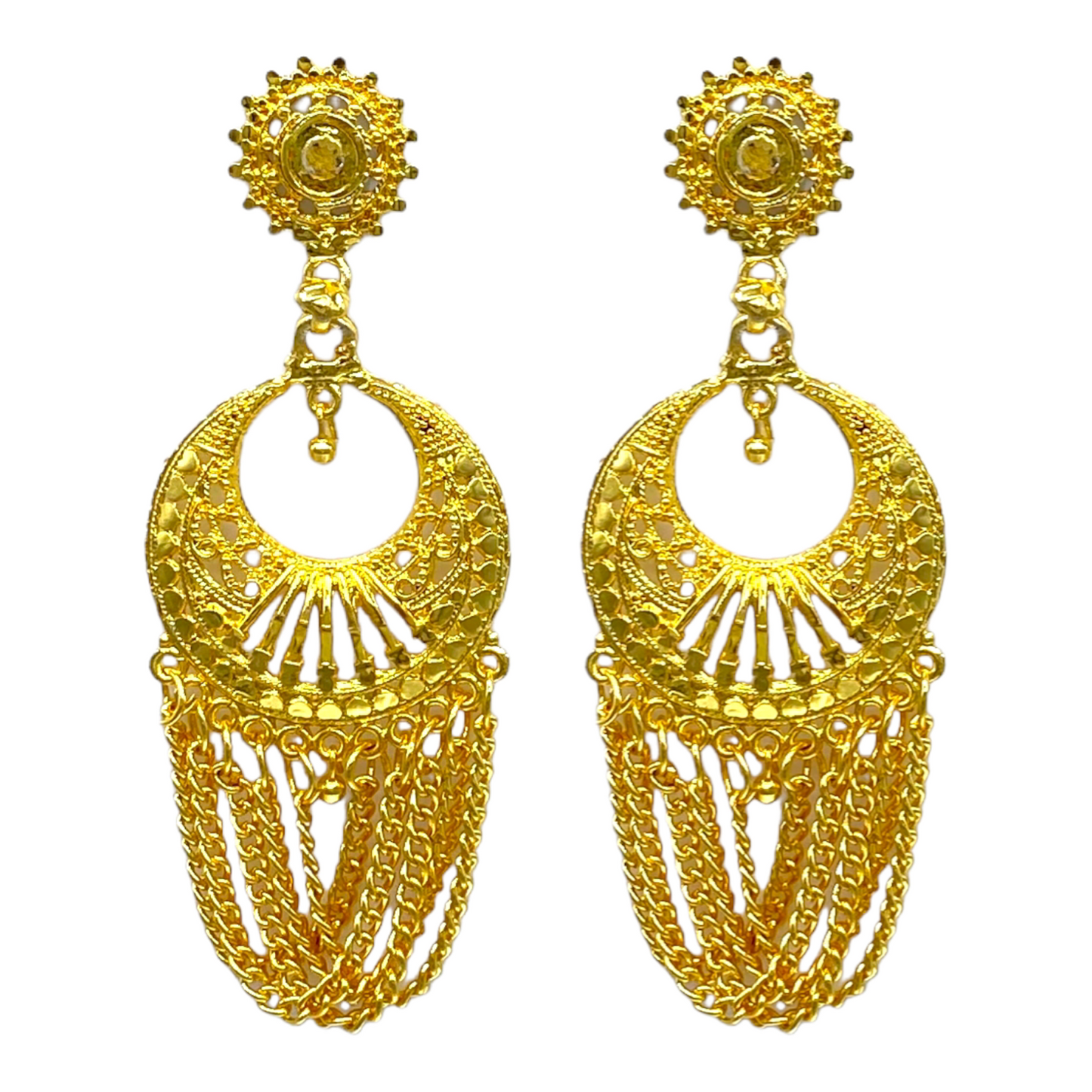 Gold Delicate Chandbali Earrings with Chain Hanging