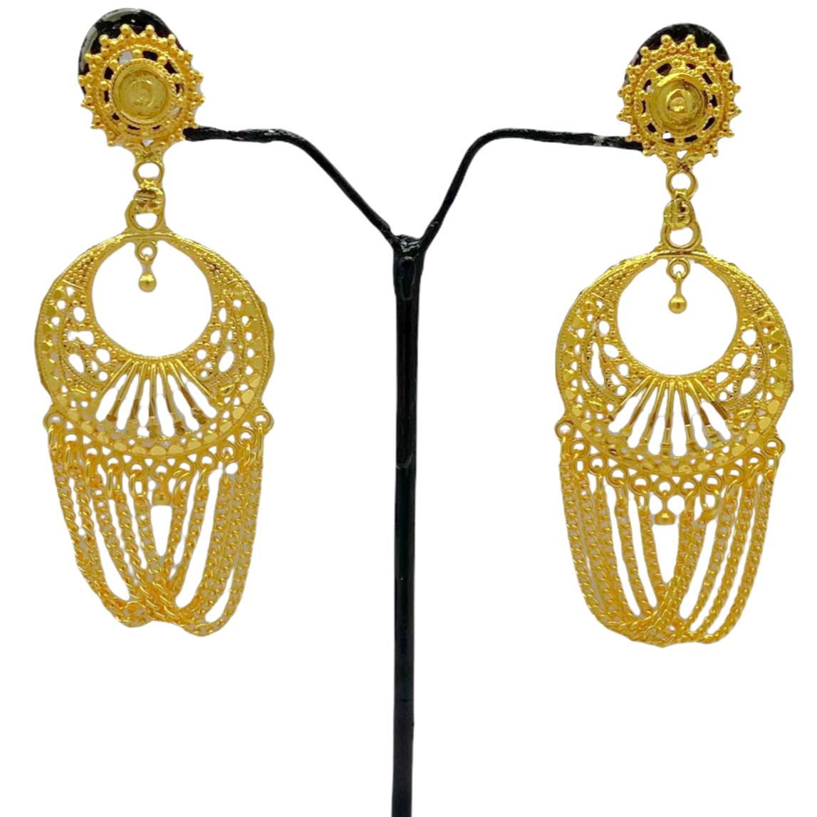 Gold Delicate Chandbali Earrings with Chain Hanging