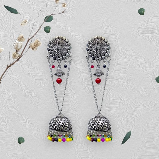 Oxidised Earrings with Multy Pearl and Small Zumkhi