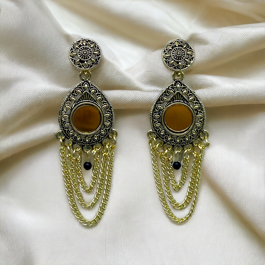 Color Earring with Mirror and Dangling Gold Chain