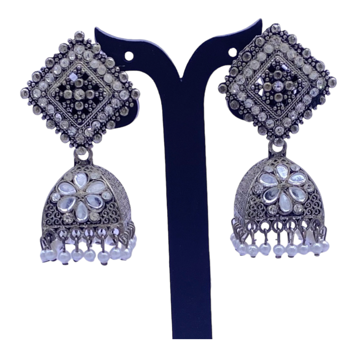 Square Head Oxidised Zumkha Earring with Mirror