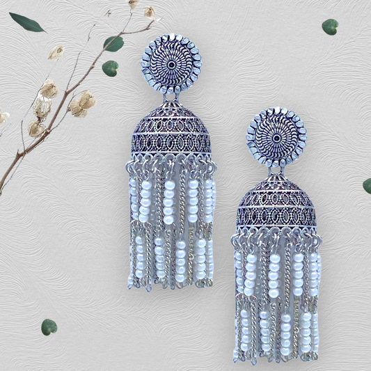 Pearl Tassel  Oxidised Zumkha Earrings