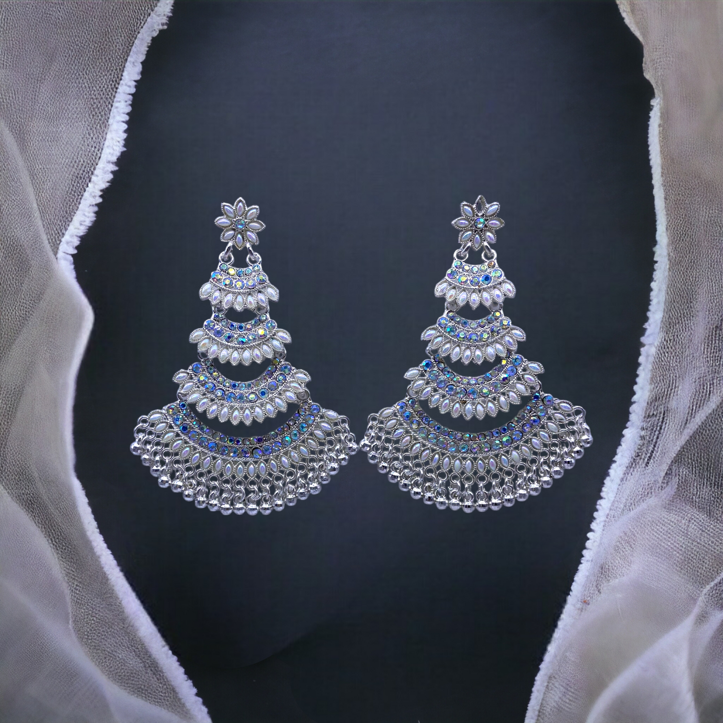 White Gold Pearl and Stone Studded Long Earring