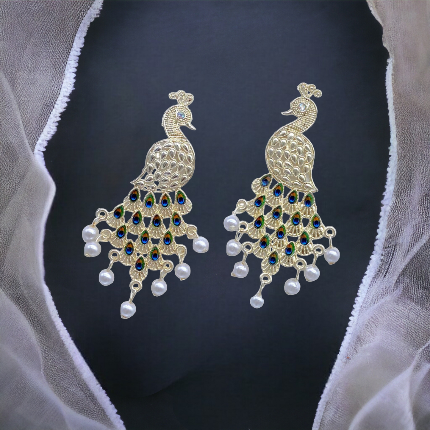 Peacock with Feather Design  White Gold Earrings