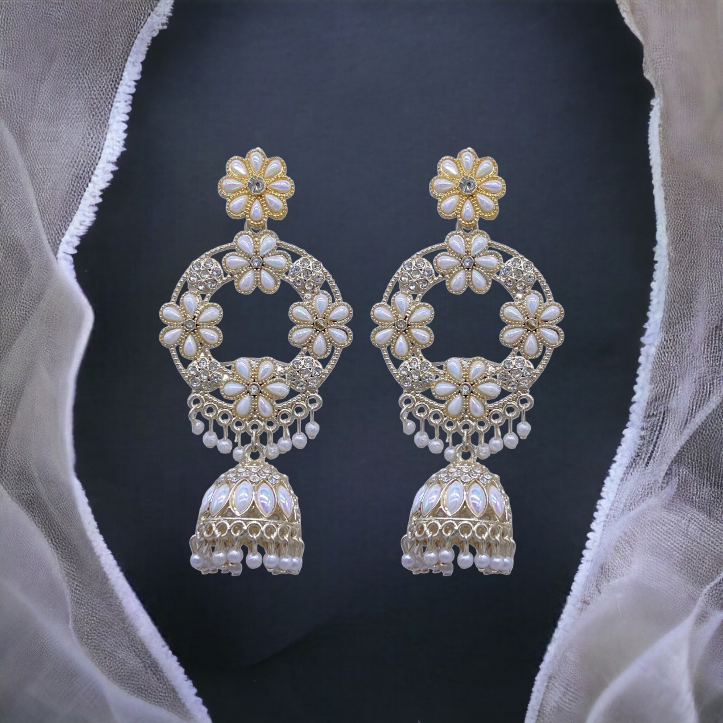 Pearl Studded Circular White Gold Earrings