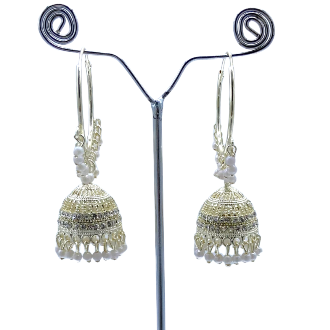 Stone and Pearl studded White Gold Hoops Earrings