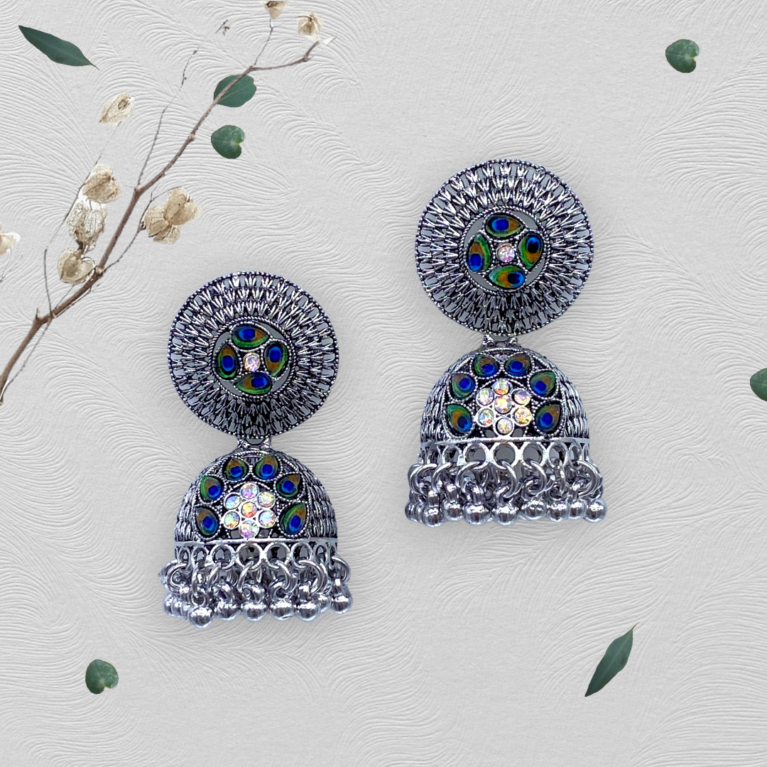 Oxidised Zumkha  Earrings with Feather print Stone