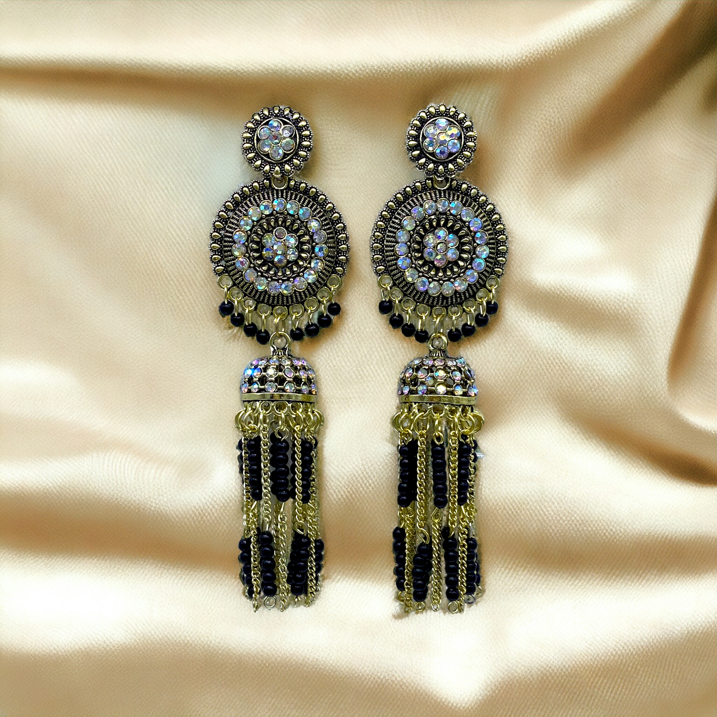 Long dangling Circular Earring with Pearl And Gold chain Tassels