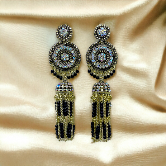 Long dangling Circular Earring with Pearl And Gold chain Tassels