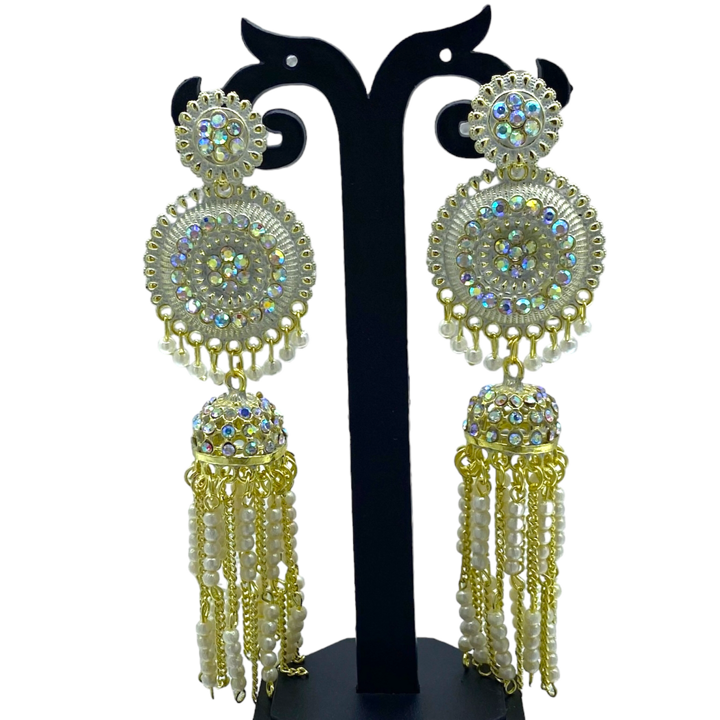 Long dangling Circular Earring with Pearl And Gold chain Tassels