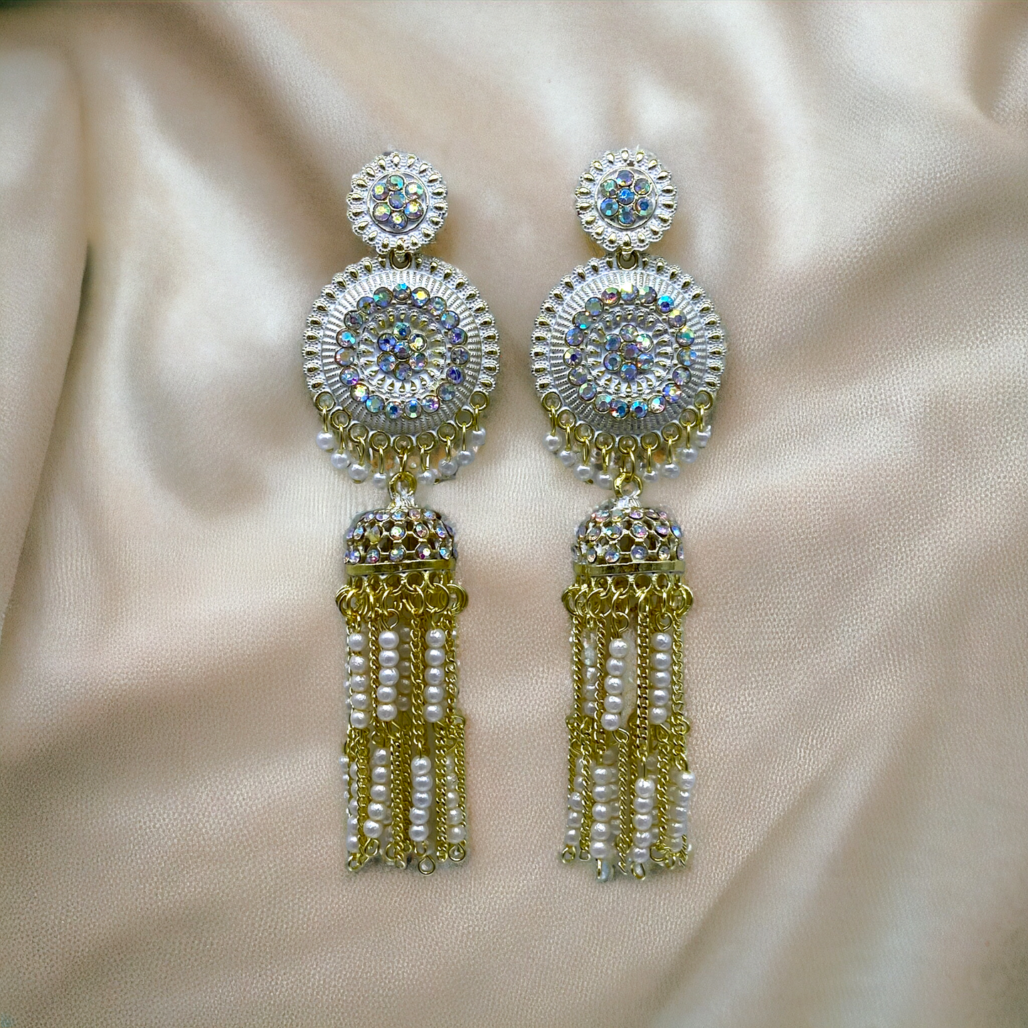 Long dangling Circular Earring with Pearl And Gold chain Tassels