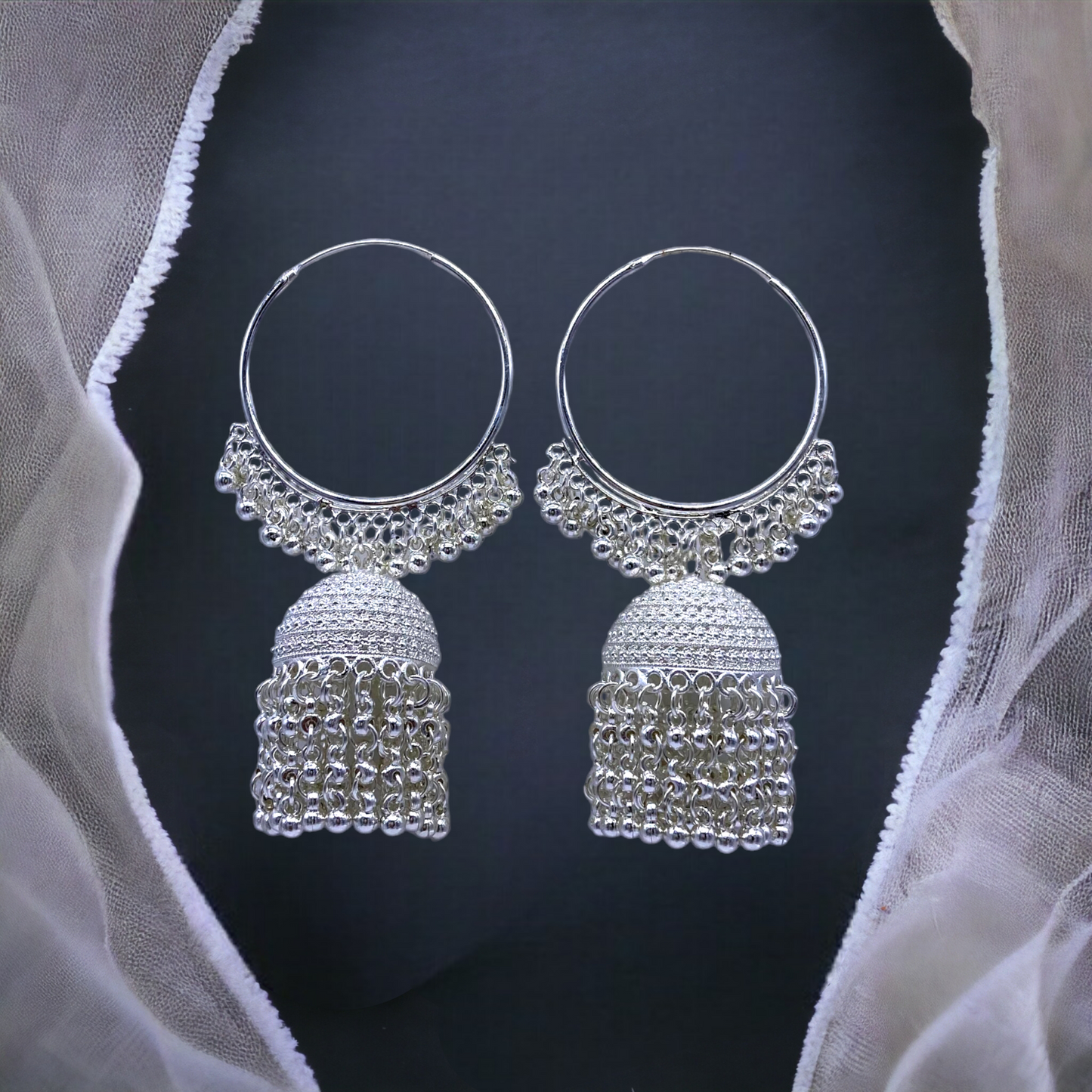 White Gold Hanging Pearl Hoops With Jumkha Earring