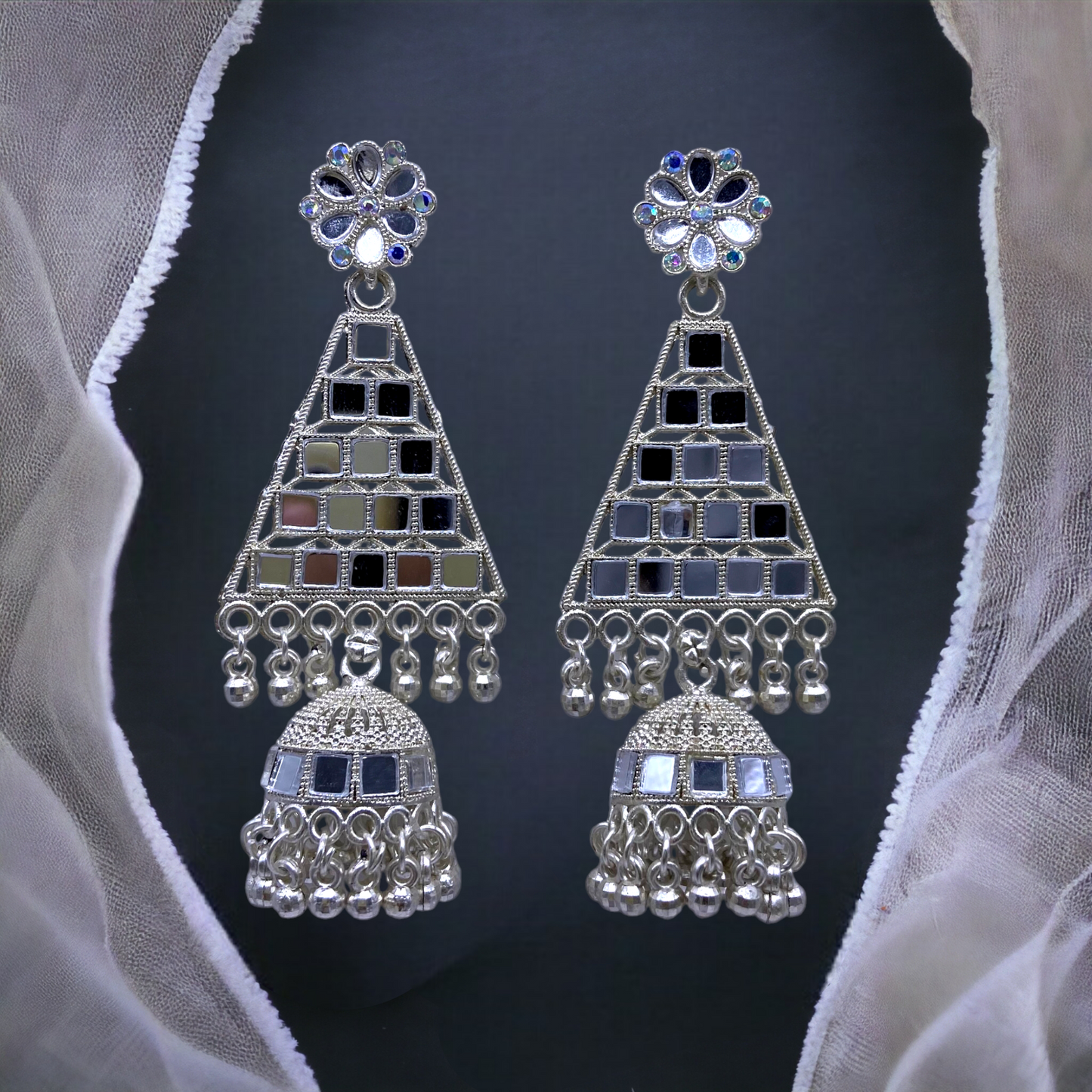 Triangular Shape Mirror Studded White Gold Earring